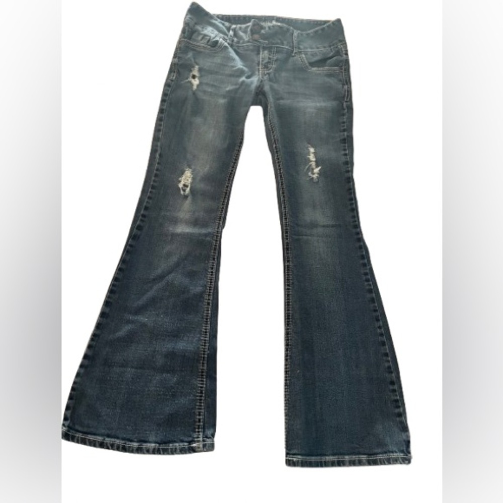 Y2K Amethyst Low Rise Flare Jeans Juniors Distressed Medium Wash Size 5